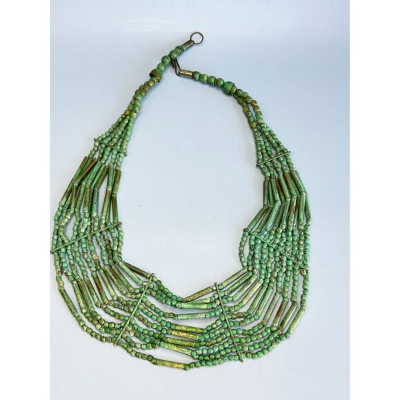Tribal Multi-Strand Green Turquoise Beaded Necklace With Brass Hook Clasp - Picture 2 of 7